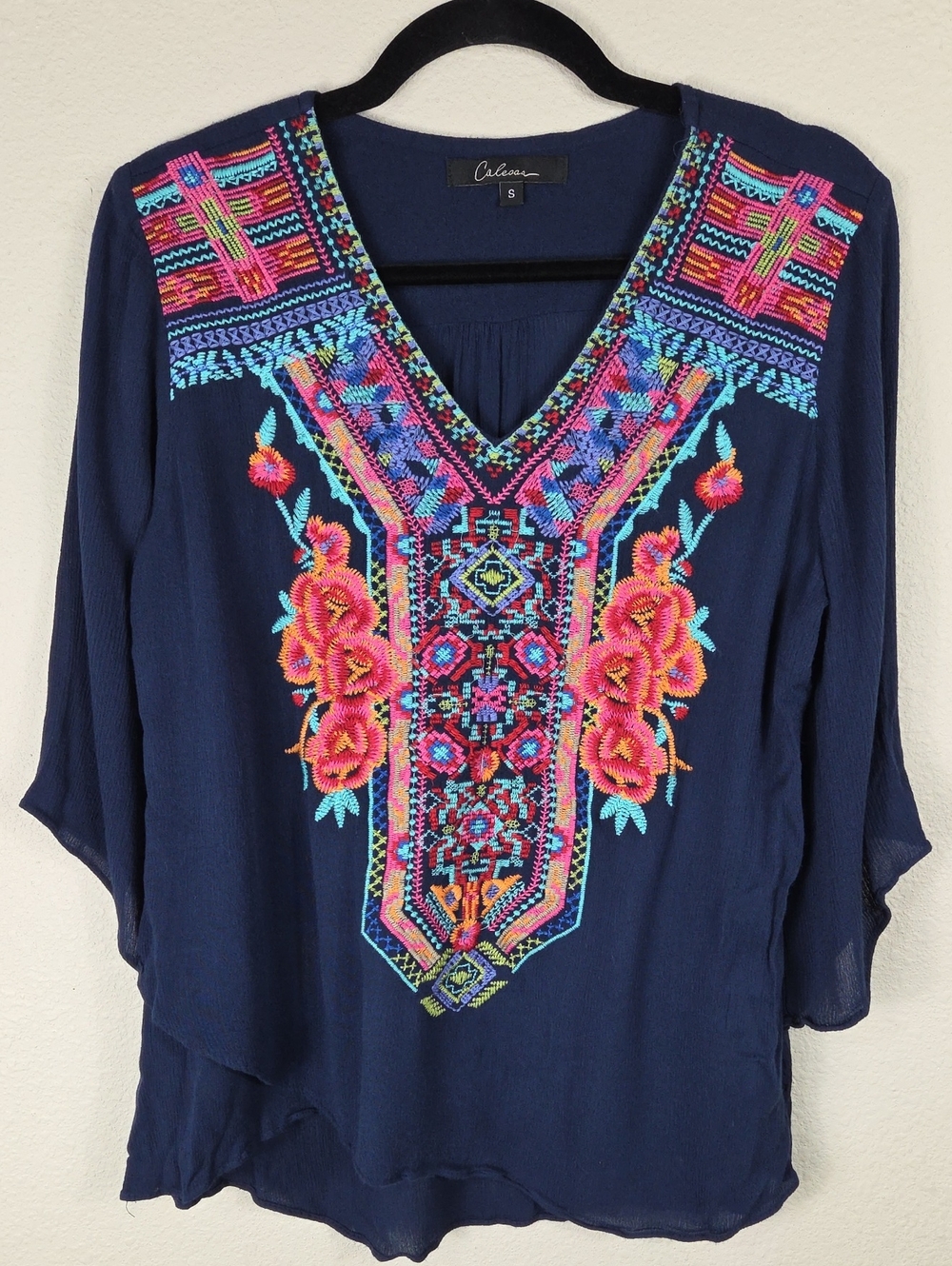 CALESSA Blue Cottagecore Intricately Embroidered Art To Wear Tunic Top Size S